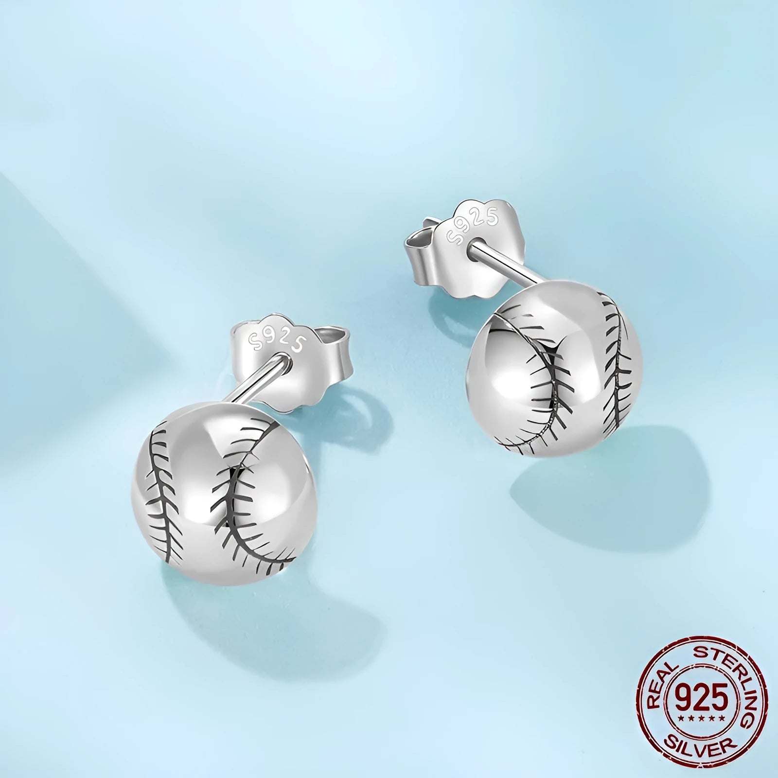 S925 sterling silver baseball stud earrings polished finish silver colour on white background