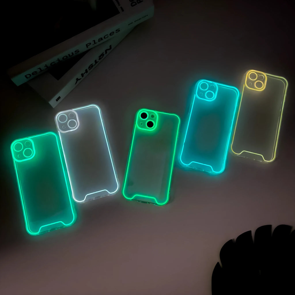 Glow in the dark Christmas phone case for iPhone in multiple colours including green, orange, blue, yellow, and pink.