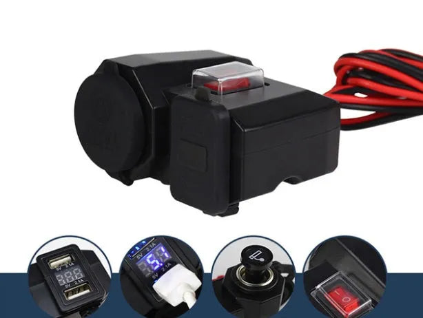 Black motorcycle USB waterproof charger with voltmeter and dual ports for handlebar or rearview mirror mounting