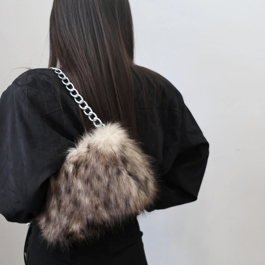 Plush underarm shoulder chain bag in brown colour matching, horizontal square shape with chain strap, 28x8x40cm