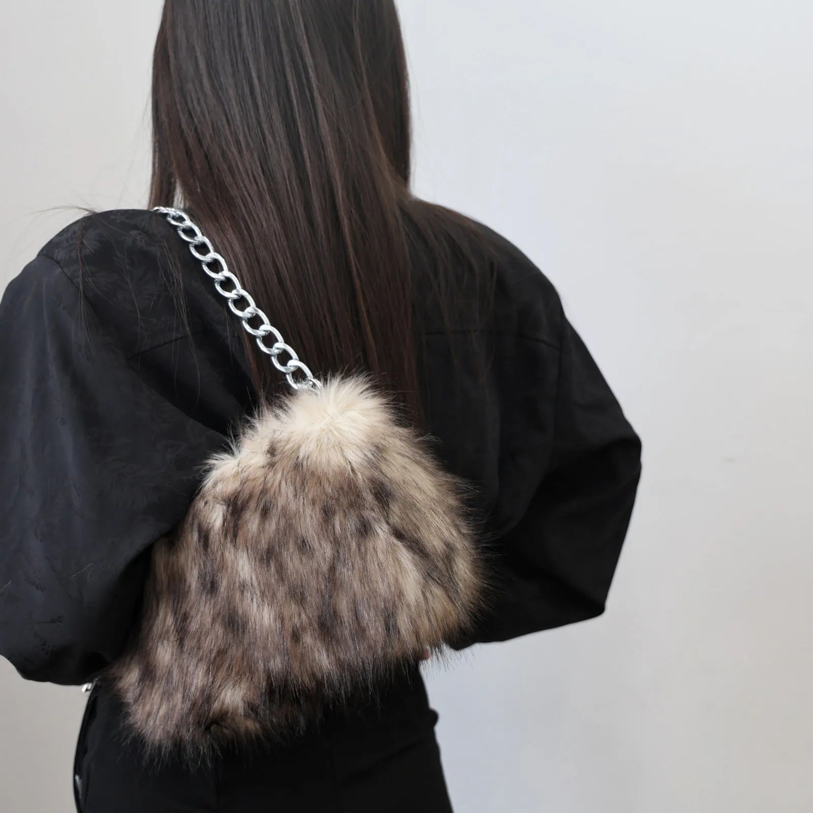 Plush underarm shoulder chain bag in brown colour matching, horizontal square shape with chain strap, 28x8x40cm