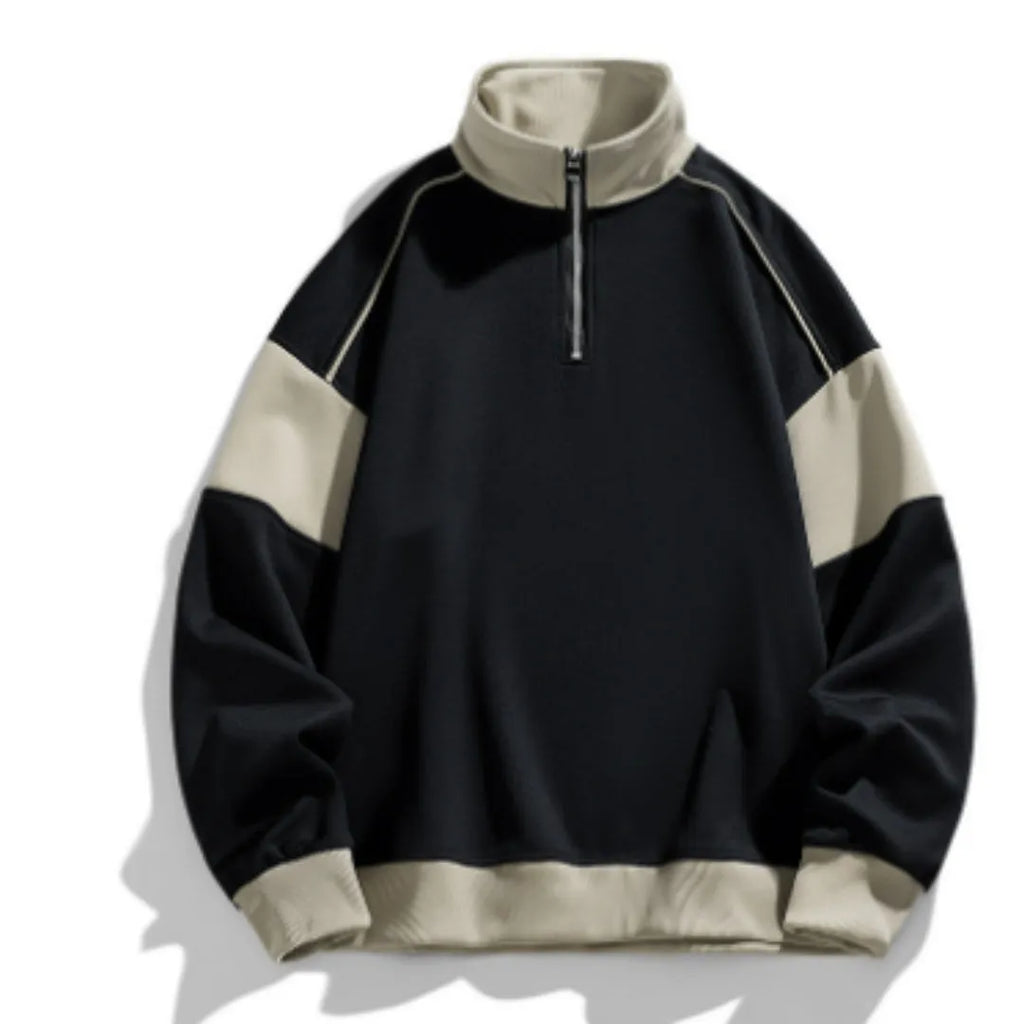 Men's grey hooded corduroy sweater with drop shoulders and loose lapels on a hanger