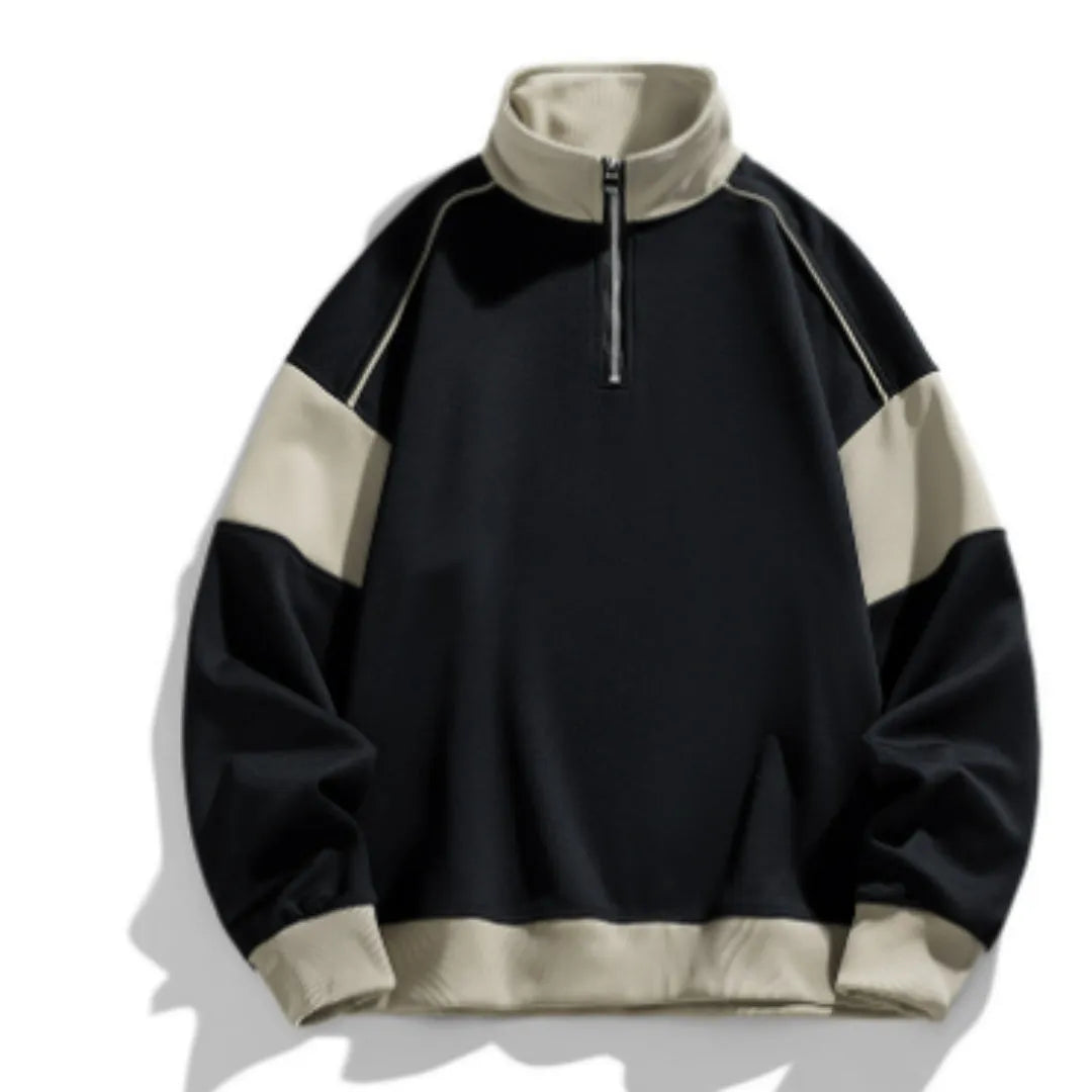 Men's grey hooded corduroy sweater with drop shoulders and loose lapels on a hanger