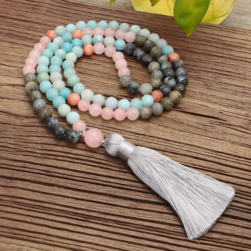 Bohemian 108 colour stone necklace with tassel pendant and matching bracelet on display