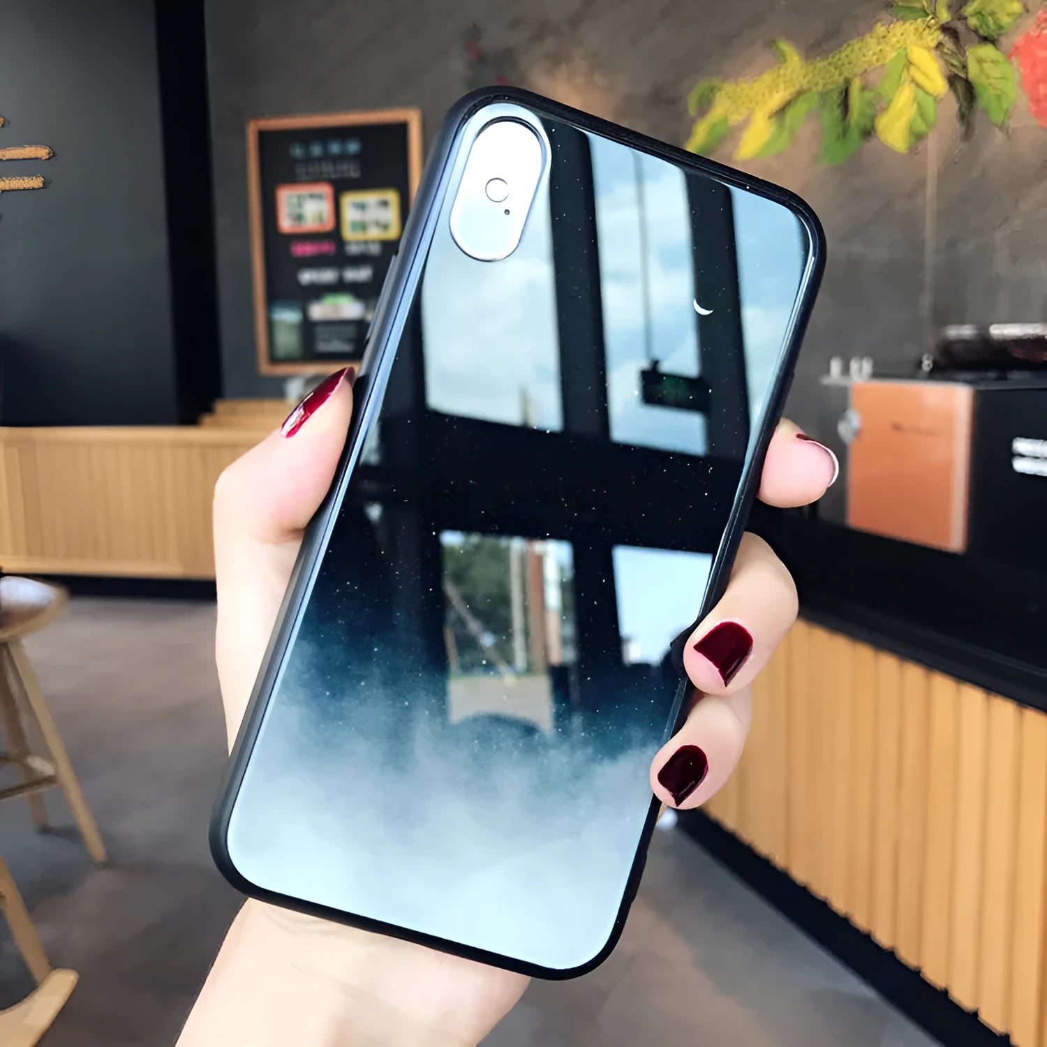 Star Sky phone case cover with glossy tempered glass back in Starry sky pattern, silicone bumper for 360 protection
