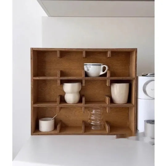 Solid wood multi-layer grid storage rack with birch finish and square compartments for cup organisation