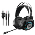 Black S602 gaming headset with colourful breathing light on ear cups, detachable microphone, and padded headband
