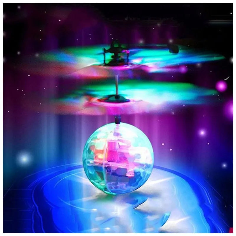 LED Magic Flying Ball with infrared induction, flashing lights, USB charging, plastic construction, available in multiple colours