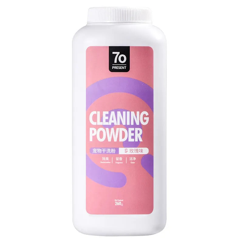 Container of dog dry cleaning powder for waterless deodorising, showing rose, Seville orange, and menthol variants.