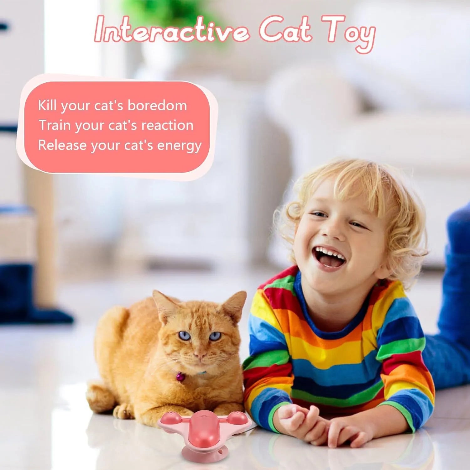 Interactive pet puzzle feeder toy with bell, catnip, and snack cabin in blue, green, or pink colours