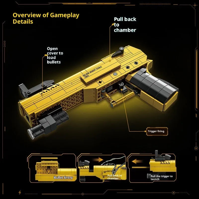 Golden Sand Eagle M416 rifle toy model made from small plastic building blocks, colour box packaging, for teenagers