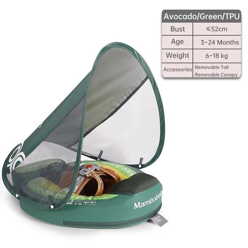 Avocado green dinosaur baby swimming ring with sun shade inflated