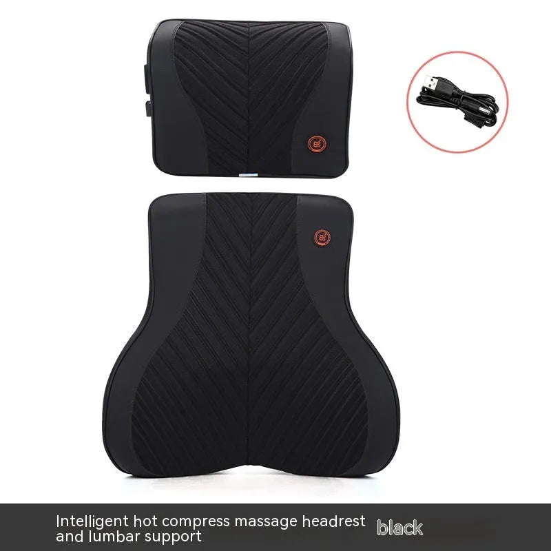 Car electric massage heating headrest and lumbar support cushion in black and orange colour