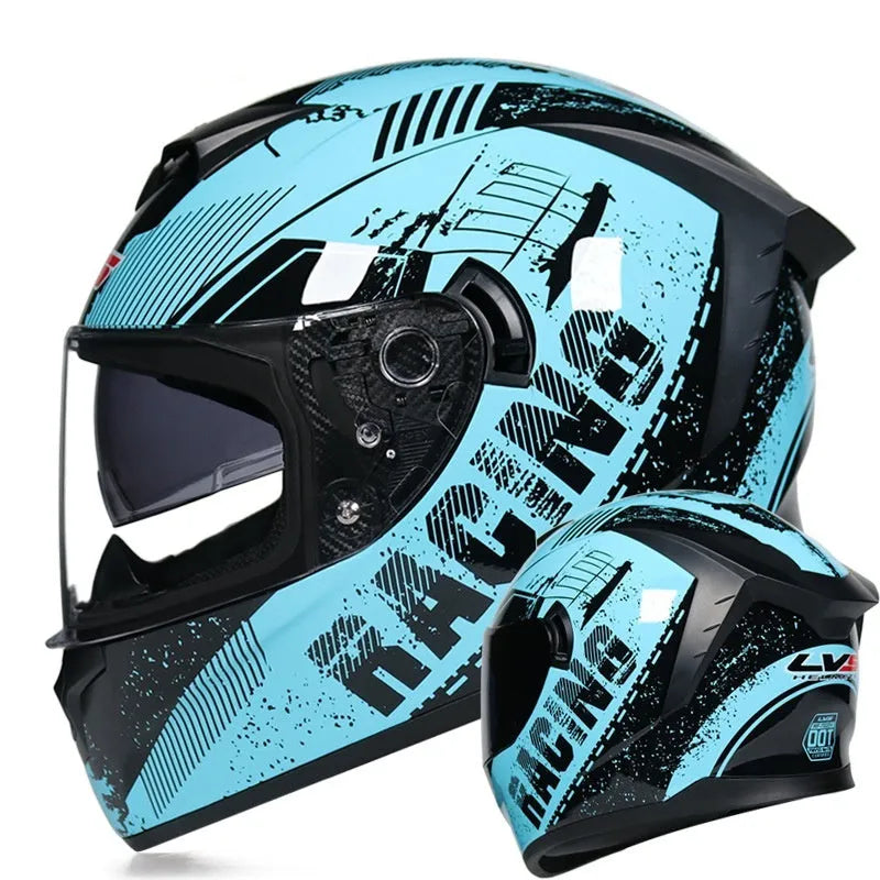 Men's and women's full face motorcycle helmet with double lens ABS shell in Matte Black