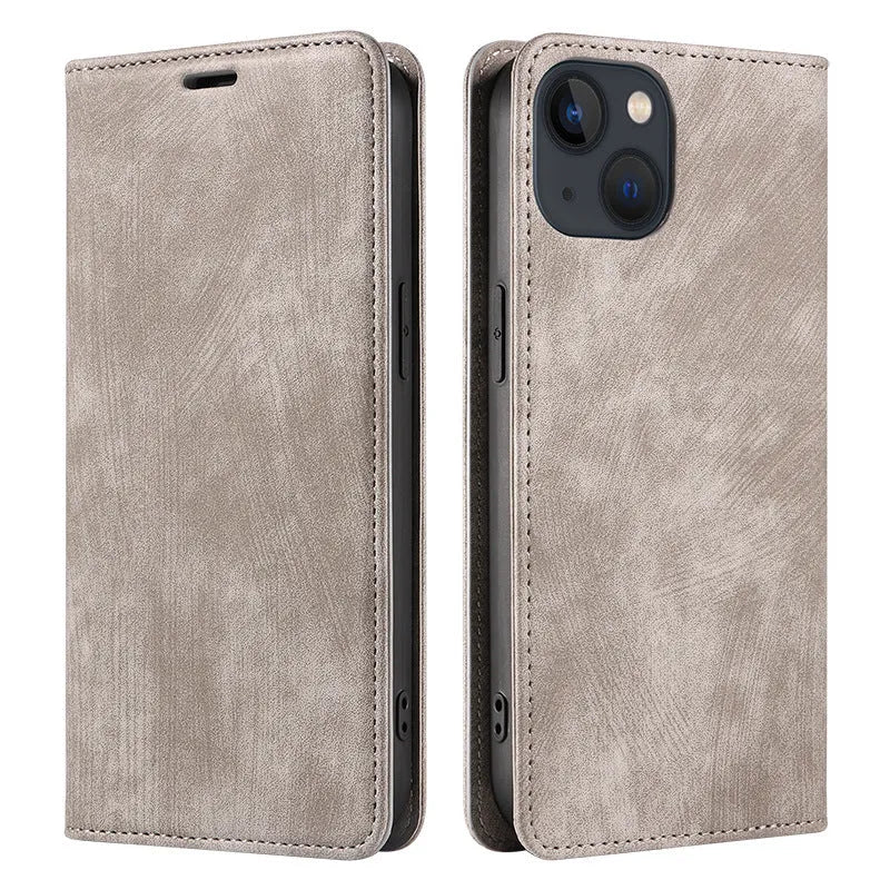 Magnetic leather flip phone case for iPhone shown closed, displaying the solid colour and front cover.