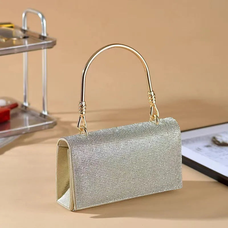 Shining 3A full diamond envelope handbag for women, black, showing chain and lock buckle