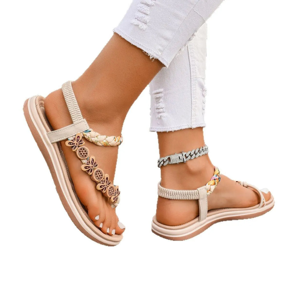 Hand-woven flat bottom ladies' sandals in multicolour with PU lining and rubber sole, low top, sizes 36-42