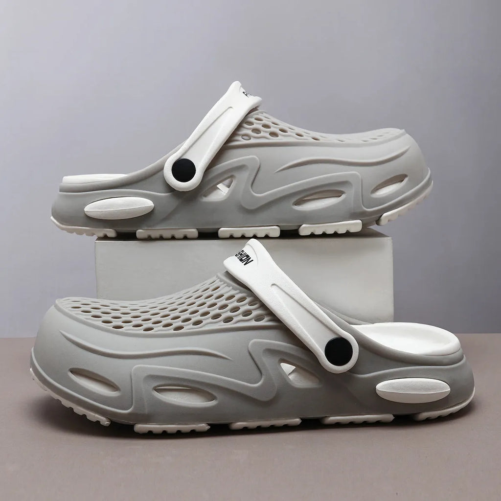Men's grey closed toe beach slippers with non-slip sole and breathable grid pattern design