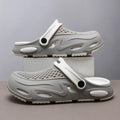 Men's grey closed toe beach slippers with non-slip sole and breathable grid pattern design