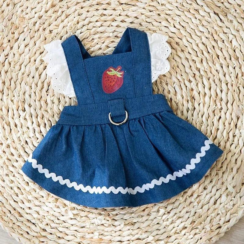 Strawberry denim skirt dog clothes in Bondi Blue colour showing traction backing and weight-based sizing options
