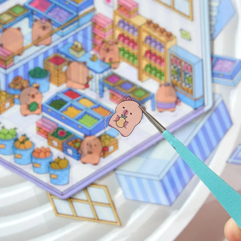 Pack of cut-free cartoon landscaping stickers showing bakery, bookstore, and flower shop scenes on a 190x125mm sheet.