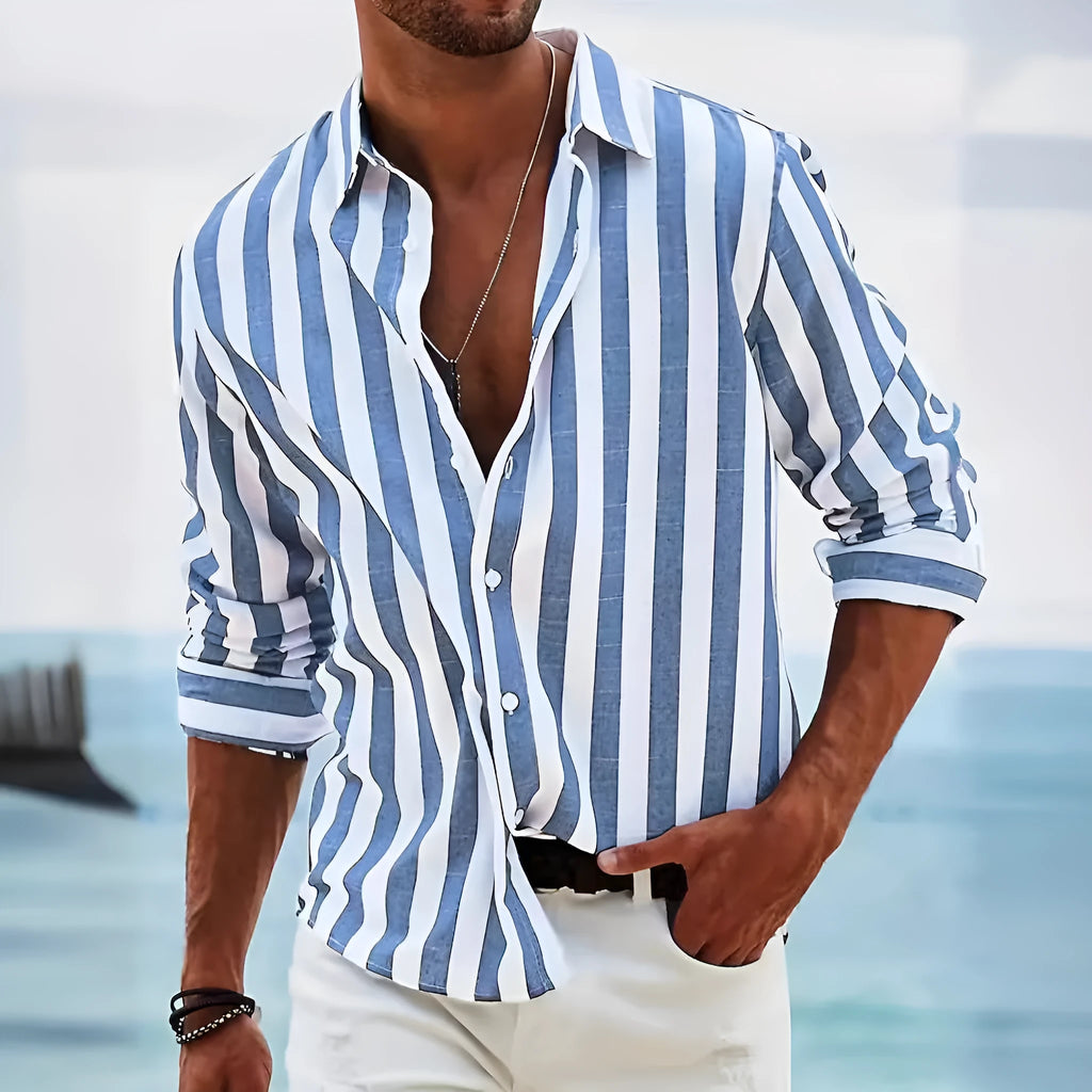 Men's striped loose long-sleeved shirt in British cardigan style with yarn-dyed pattern