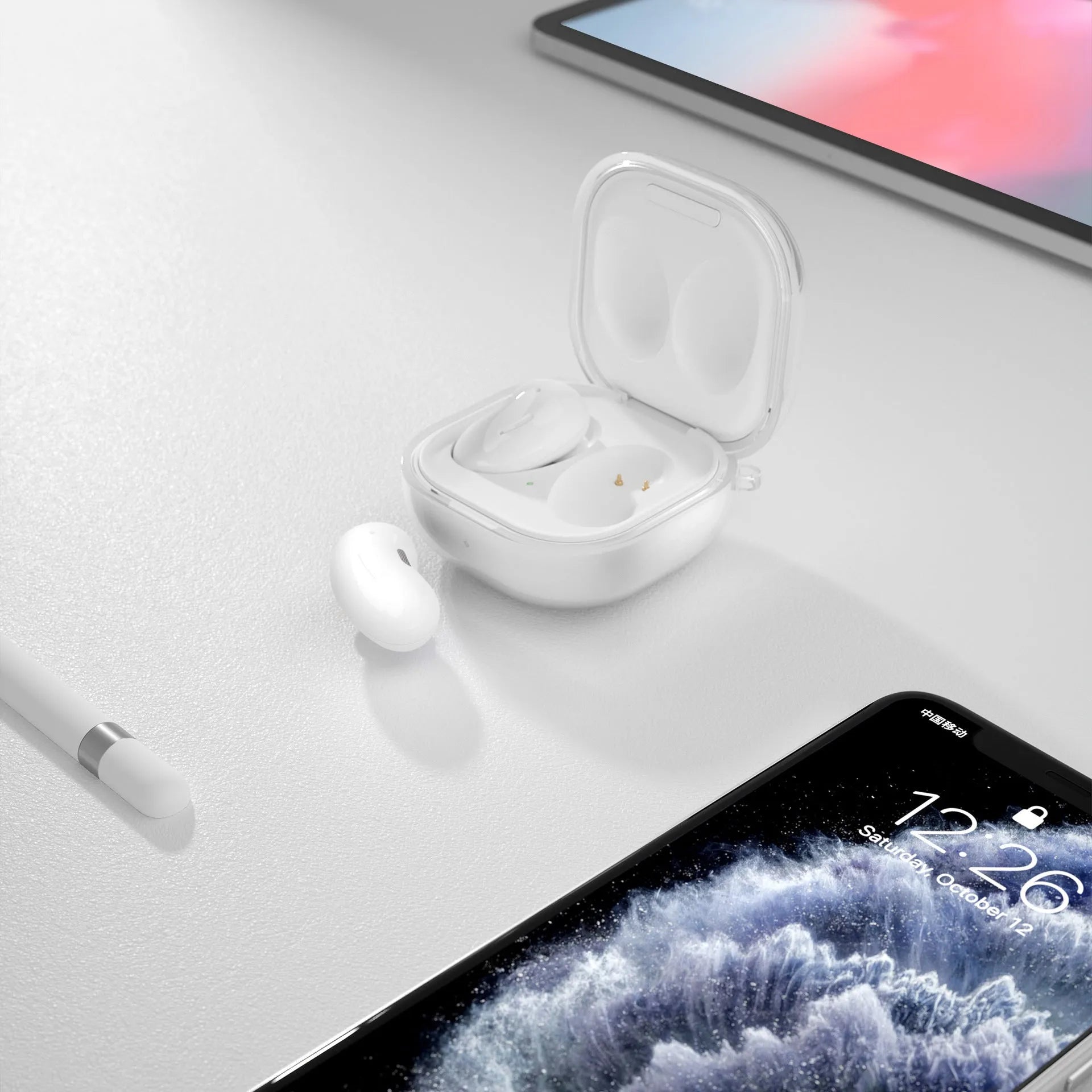Bluetooth transparent ear case in clamshell design showing translucent colour options