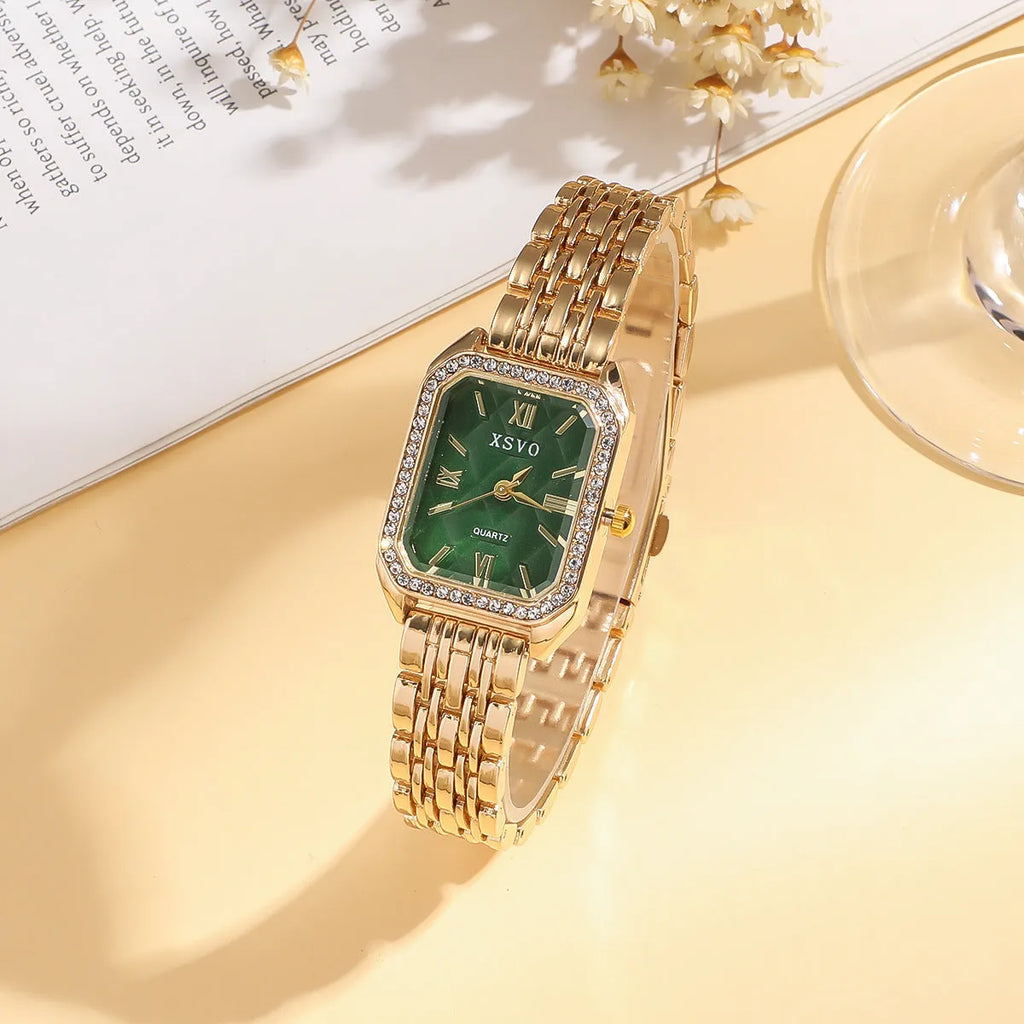 Gold and emerald green square women's watch with four matching bracelets jewellery set
