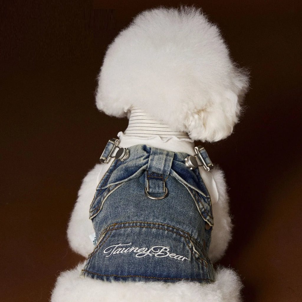 Denim suspender skirt pet clothing for small and medium dogs, 100% cotton, sizes XS to XXL, sleeveless casual style