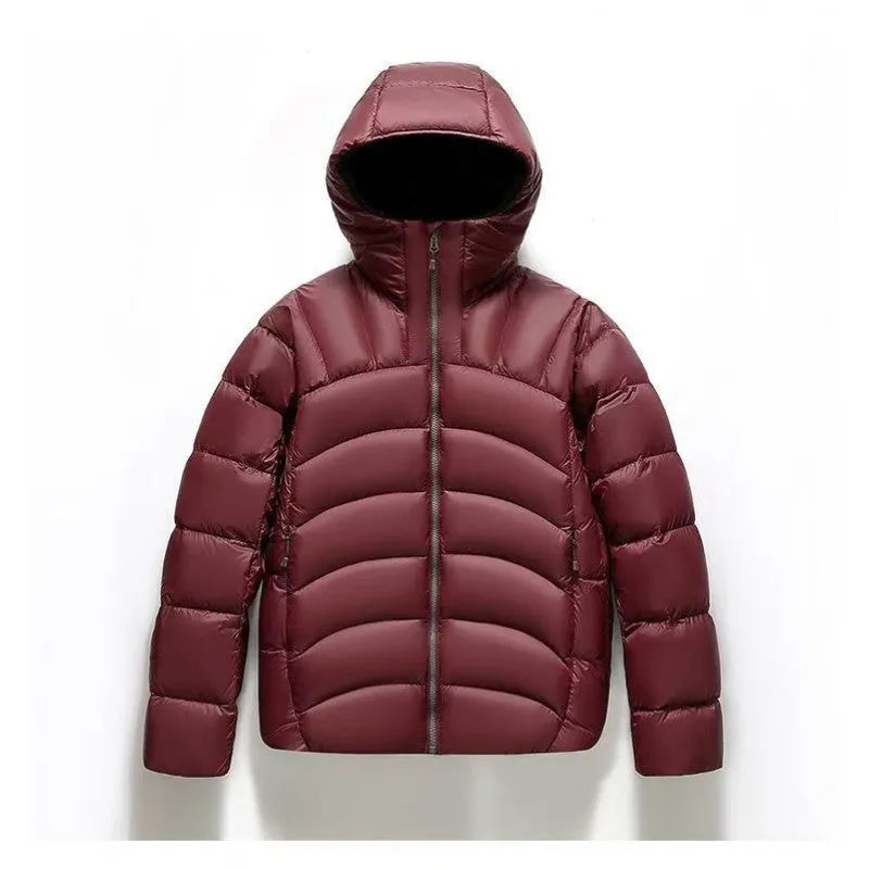 Unisex hooded down jacket in black, solid colour winter coat with ribbed cuffs and high down filling