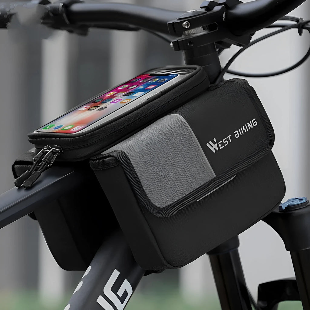 Black and grey bilateral tube saddle bag made from Oxford cloth, showing handlebar mounting and 2L capacity.