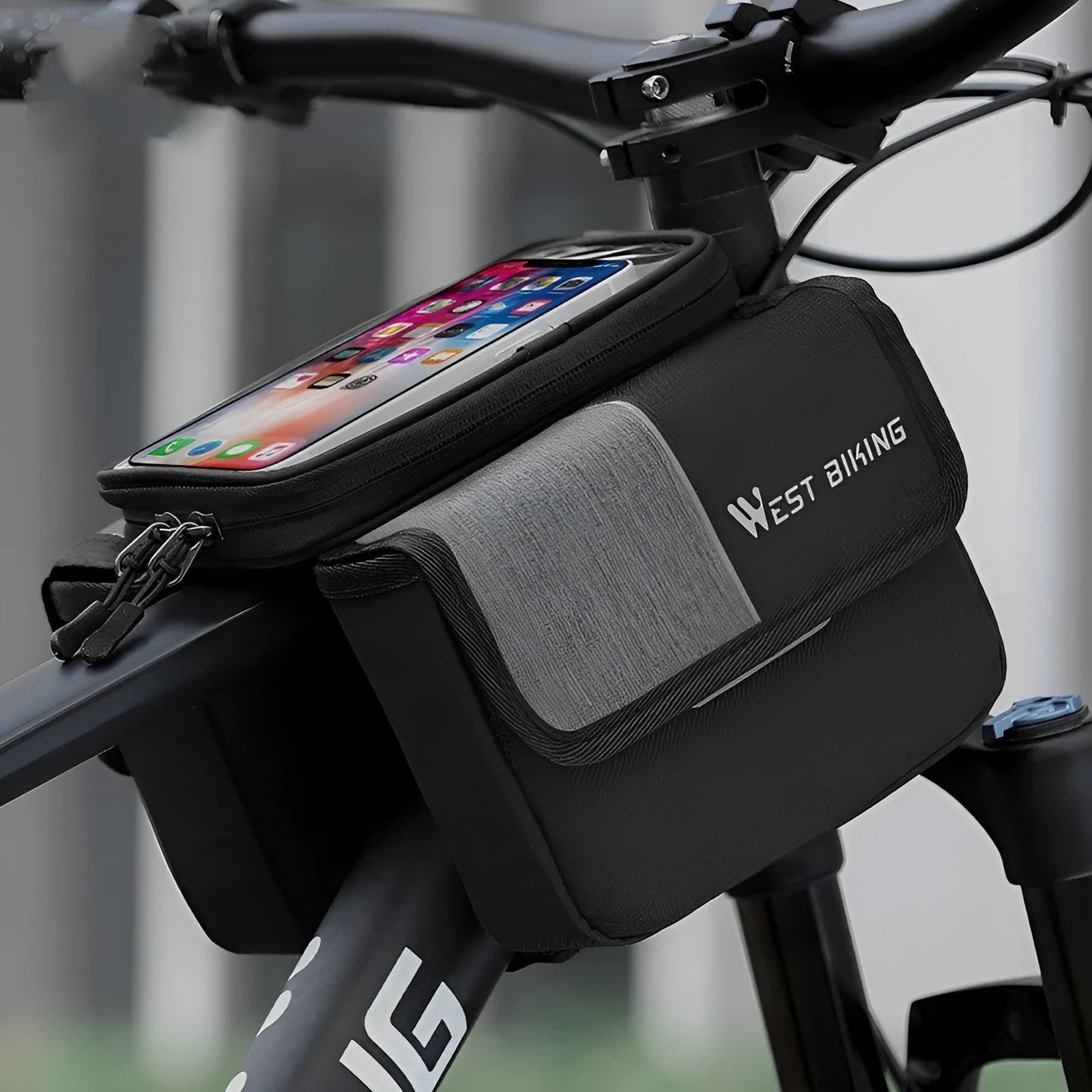 Black and grey bilateral tube saddle bag made from Oxford cloth, showing handlebar mounting and 2L capacity.