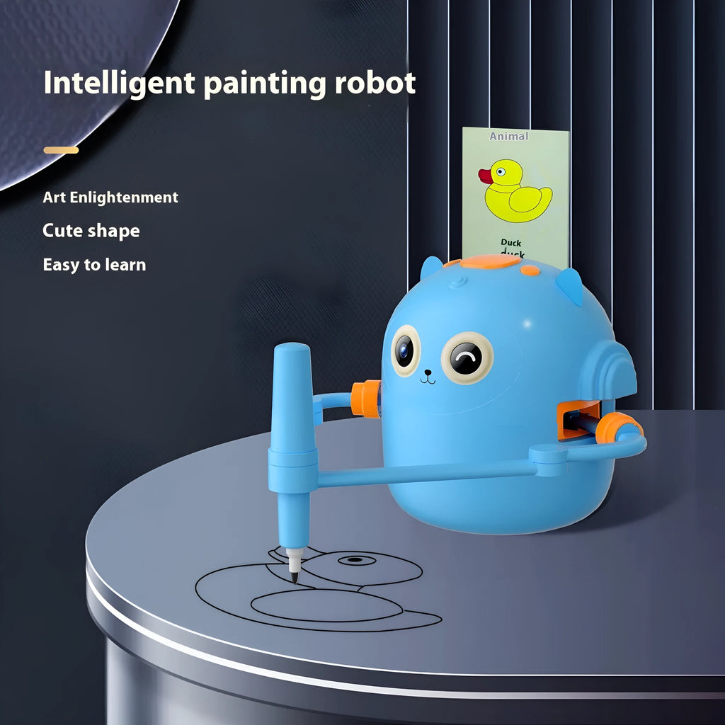 Lake blue plastic early education automatic painting robot with robotic arm and drawing cards for children 3-8 years old
