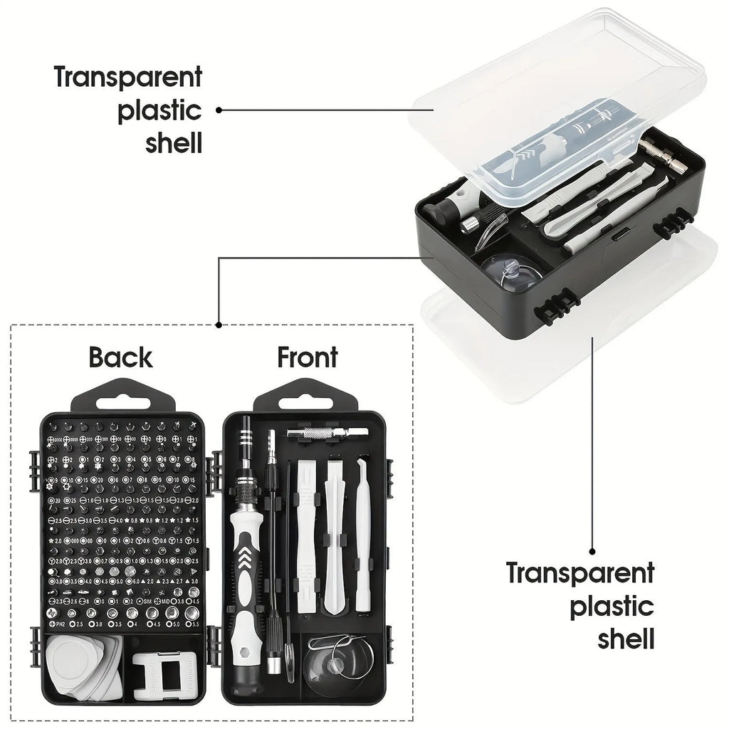 115-in-one manual screwdriver tool set with carbon steel cutter head and 90mm bar on a flat surface