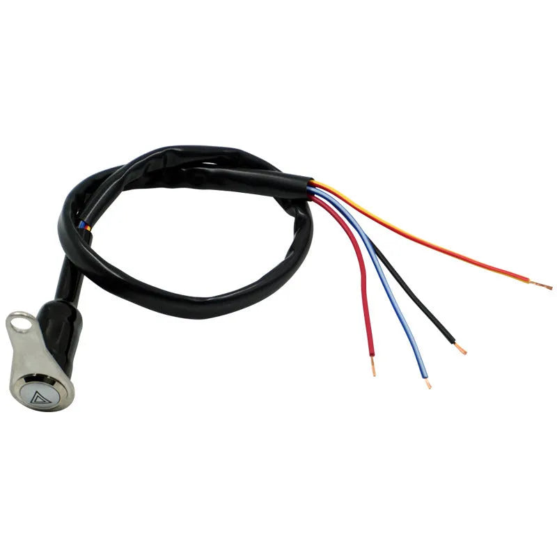 Black stainless steel motorcycle double flash switch with a central metal button and illuminated ring, for 7mm mounting hole.