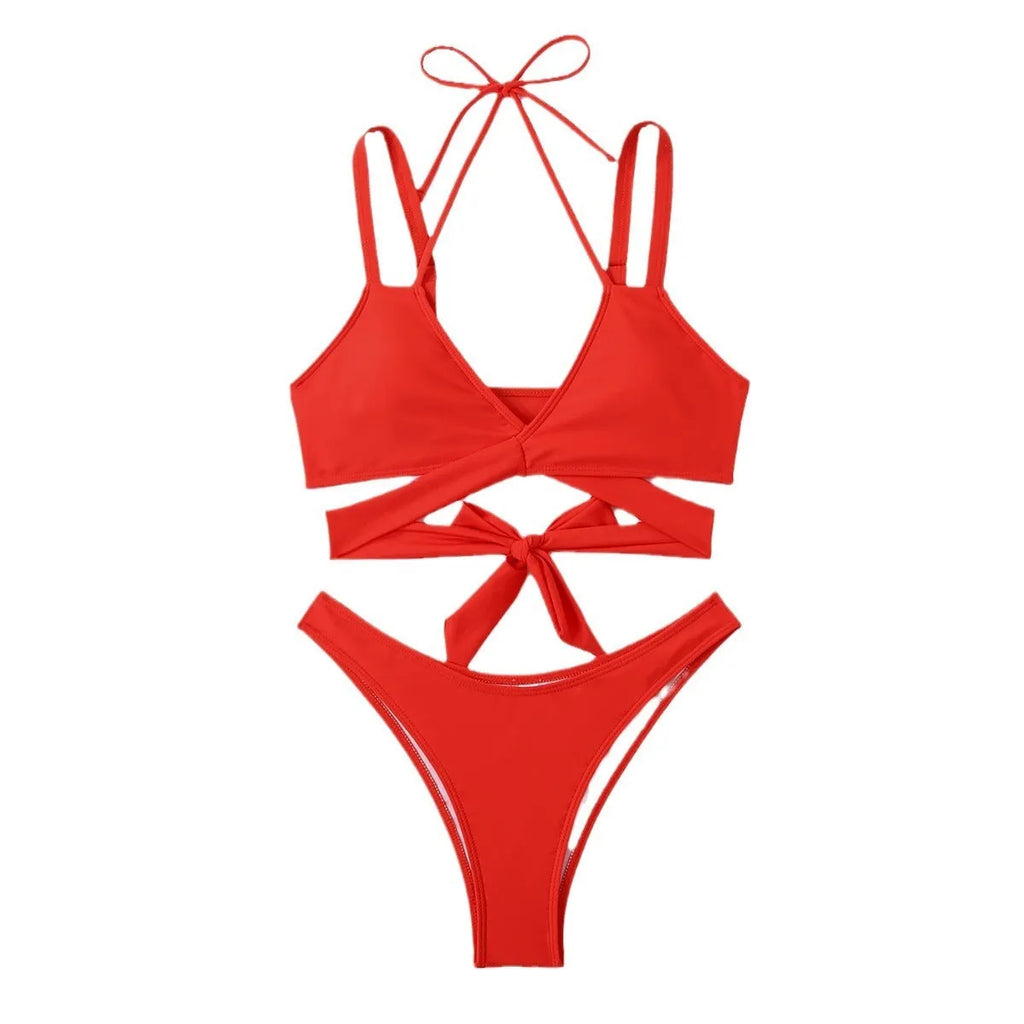 A solid colour women's bikini swimsuit with straps, shown in one of five available colours.