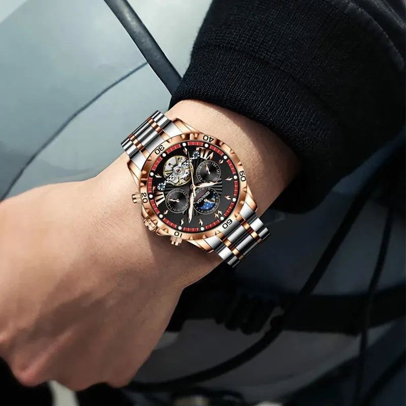 Full-automatic waterproof luminous mechanical watch for men with steel bracelet in black, 13mm thickness