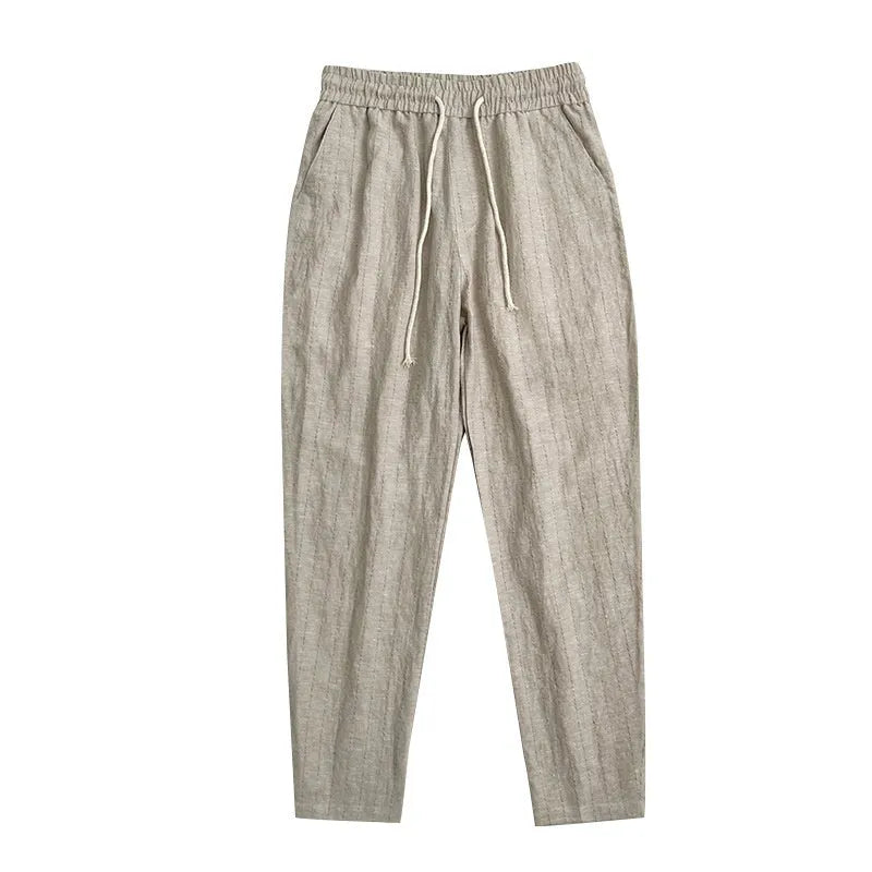 Men's striped cotton linen cropped trousers in four colour options on size chart