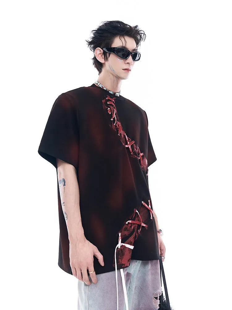 Men's red loose fit pure cotton T-shirt with drop-shoulder sleeves, American retro style, sizes S to XL