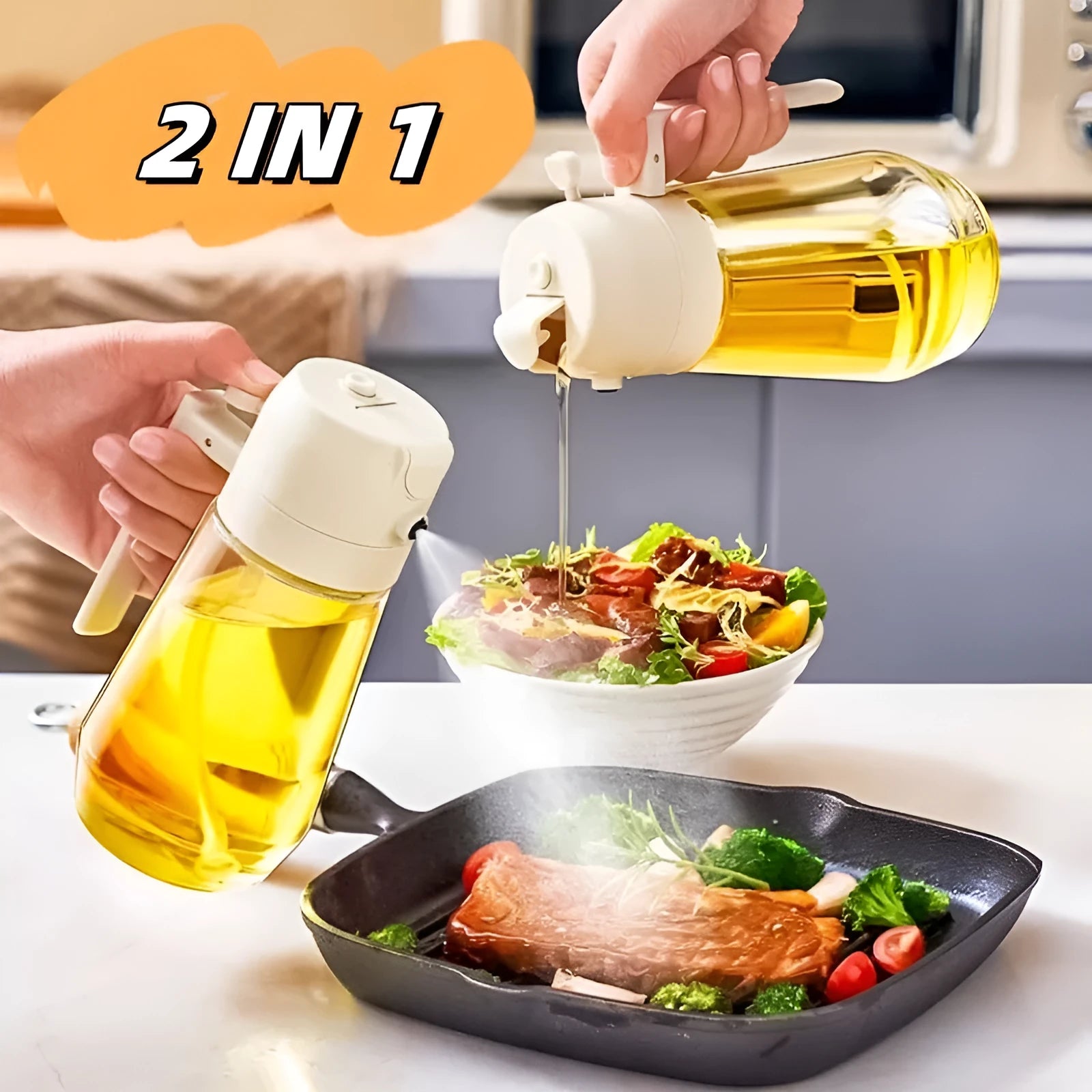 Glass olive oil sprayer and pour bottle with ergonomic handle in beige, yellow, green, or black, 470ml capacity.