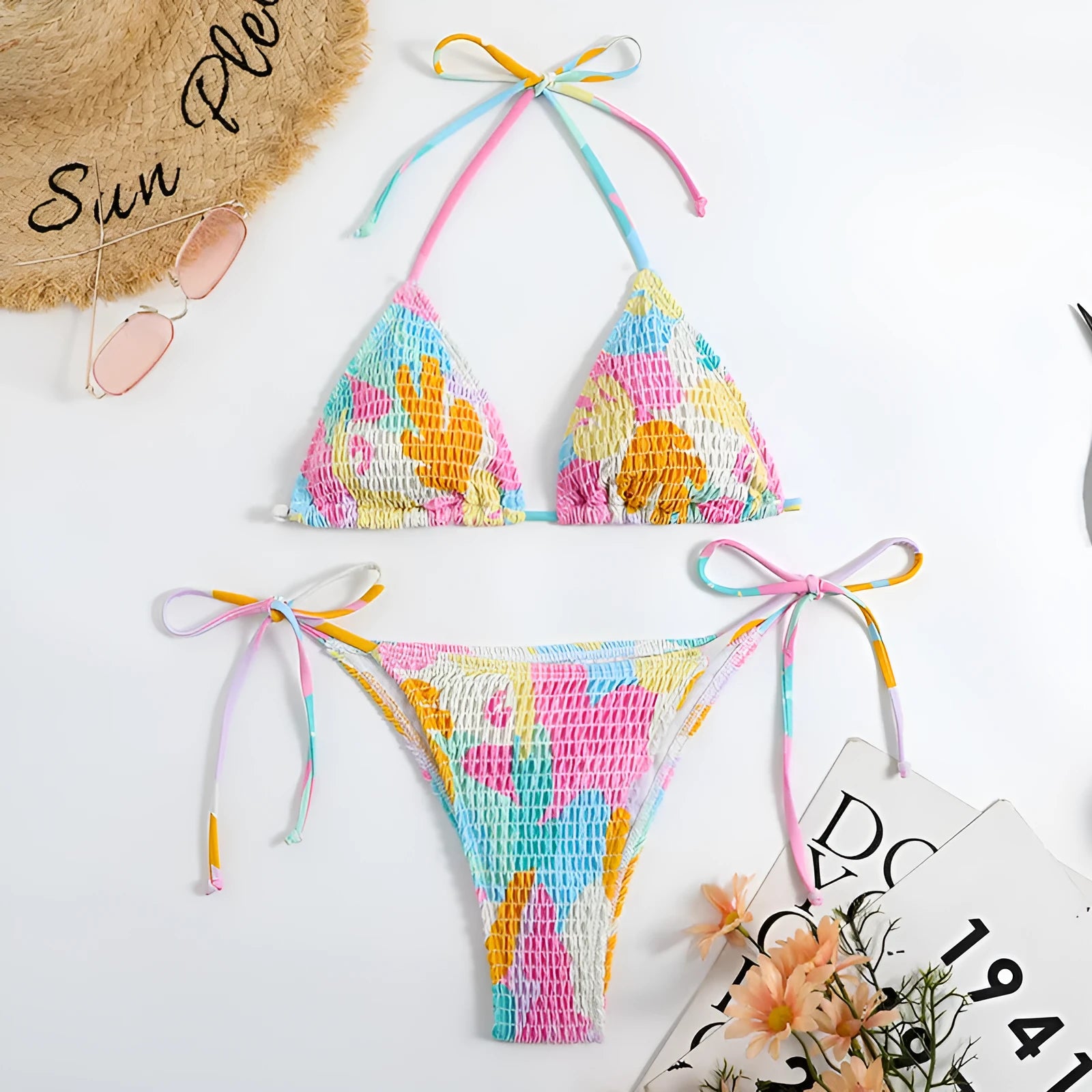 Women's multicolour floral printed triangle bikini with smocking detail and brief bottoms