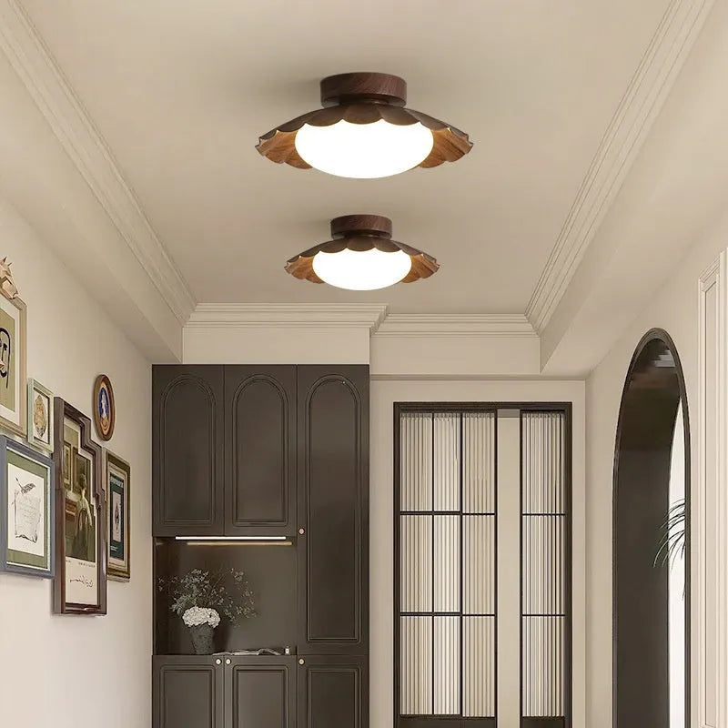 Round 25 cm mid-ancient silent balcony LED ceiling light in beige iron and acrylic shade on white ceiling
