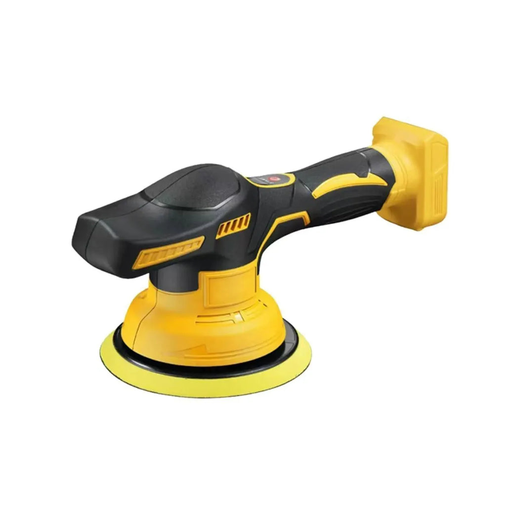 Red digital display electric polisher held against car paint surface with polishing pad