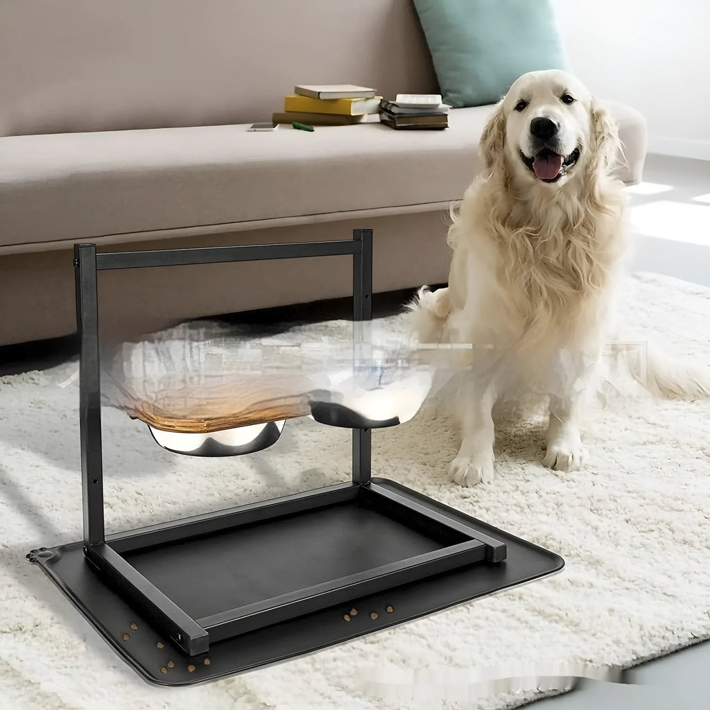 Black iron two-tier dog bowl rack stand with food and water bowl positions
