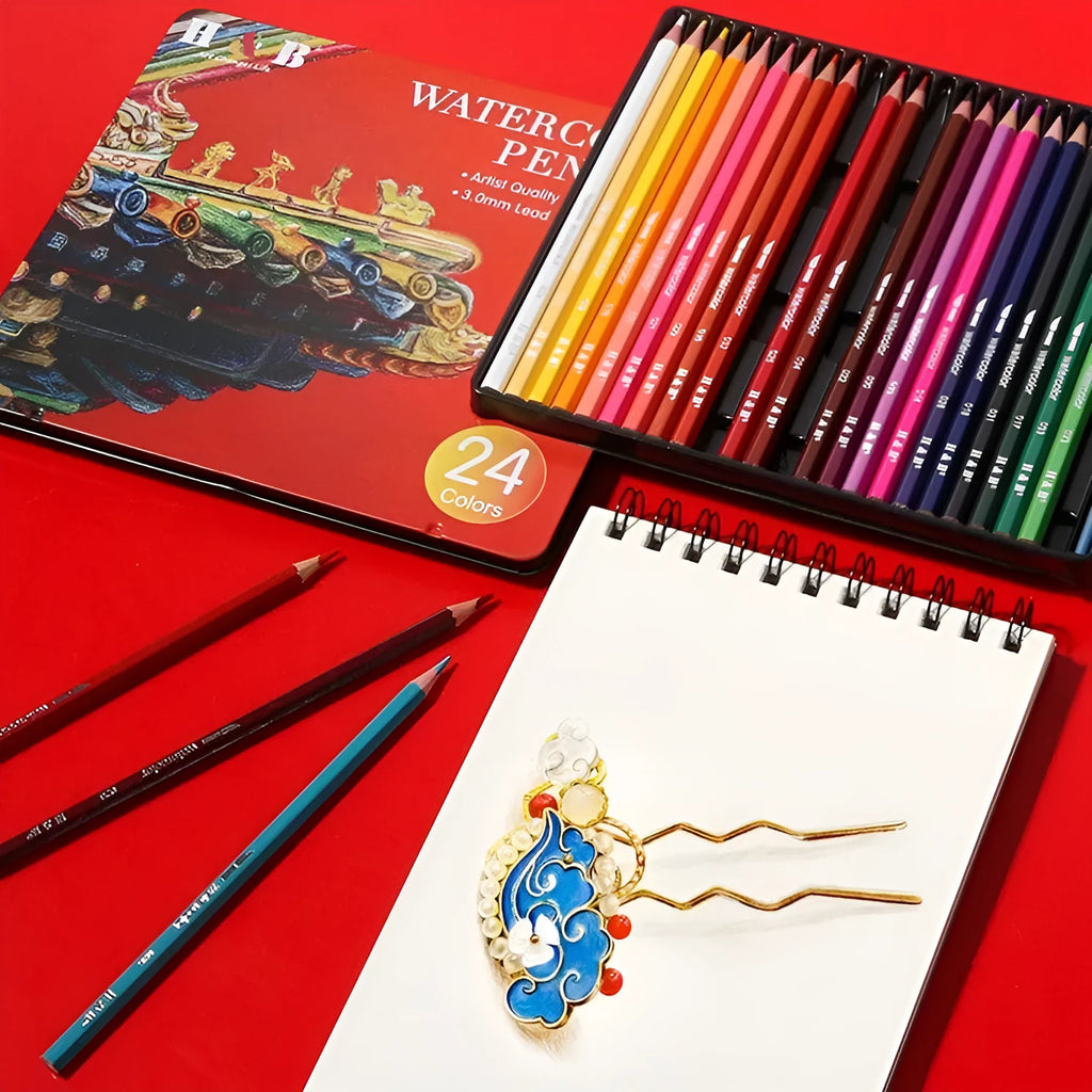 Water-soluble coloured pencil set with 24 colours, brush and iron storage box for artistic drawing and painting