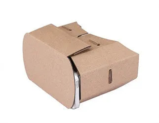 Cardboard virtual reality glasses for smartphones, showing lenses and phone slot.