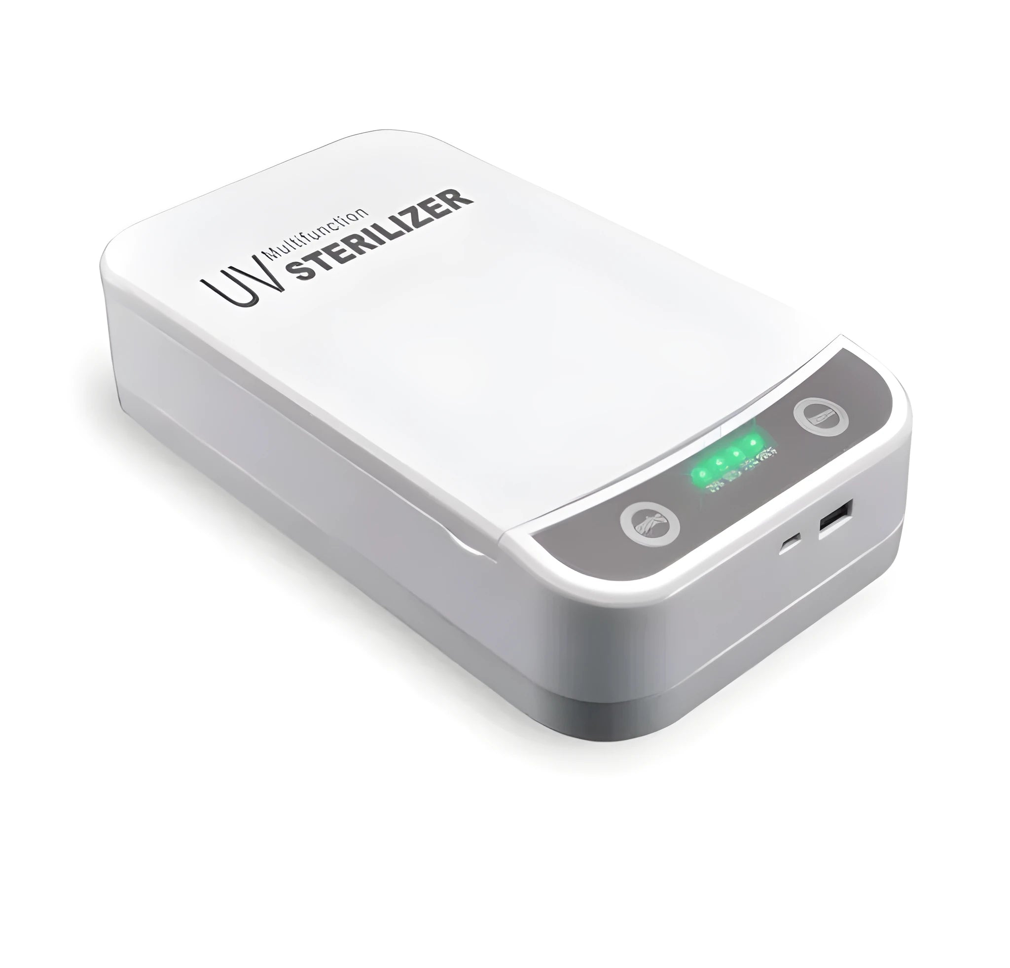 White UV disinfection box for mobile phones with internal light chamber visible