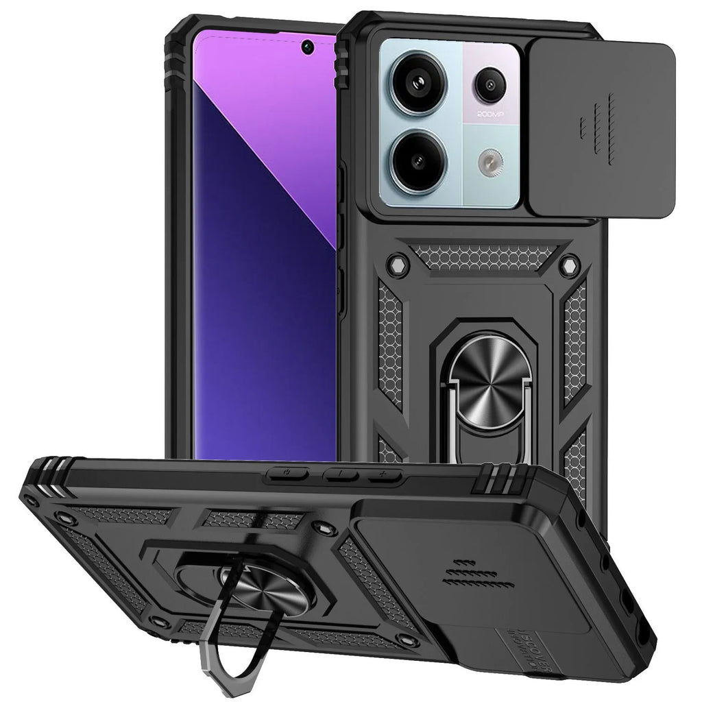 Drop-resistant phone case for Redmi Note 13 Pro with integrated bracket and magnetic suction in black