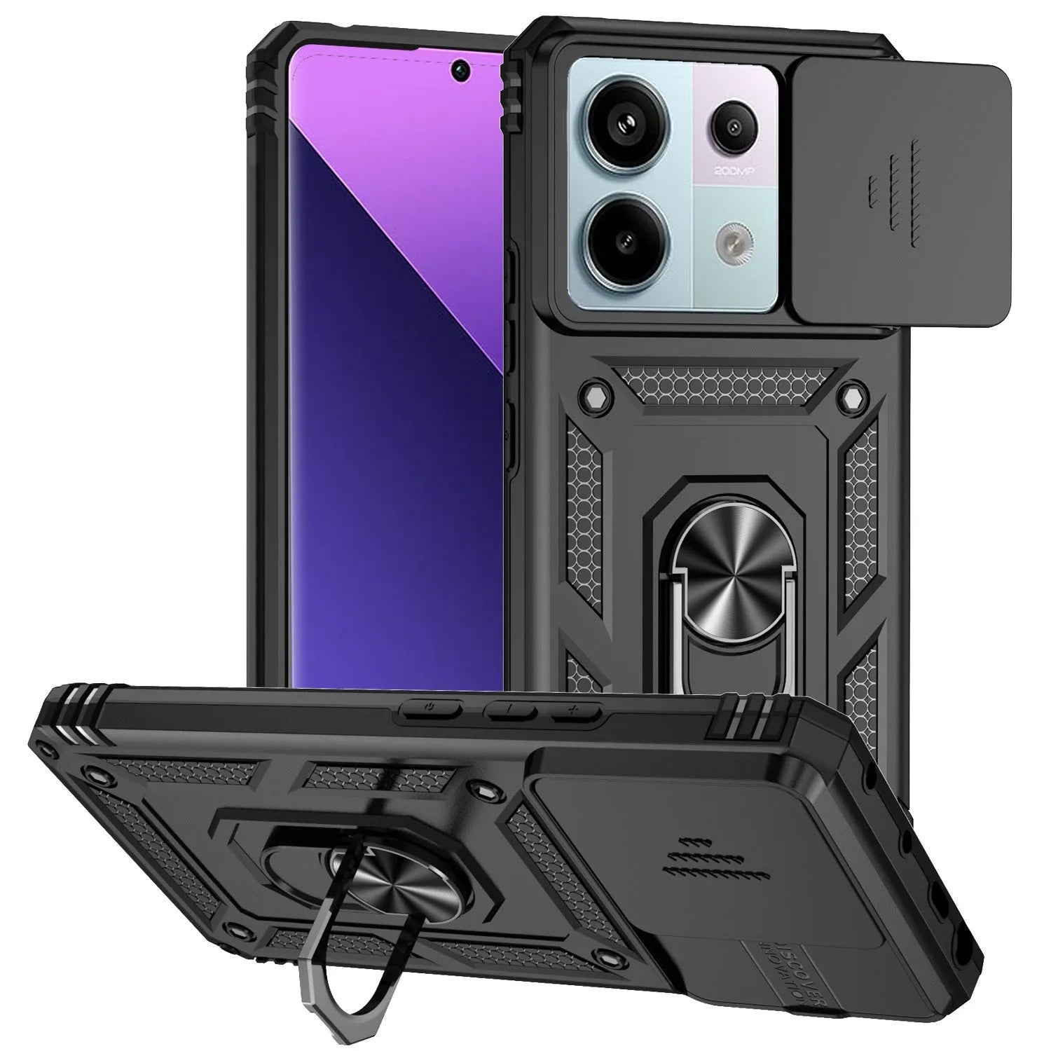 Drop-resistant phone case for Redmi Note 13 Pro with integrated bracket and magnetic suction in black