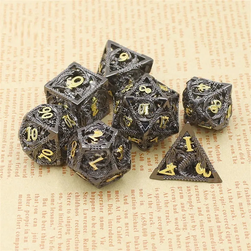 Hollow copper electroplated dice set in ancient bronze, seven polyhedral dice with right-angle edges